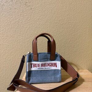 True Religion Mini Blue and Brown Bag with Leather Handles/crossbody Strap NWOT